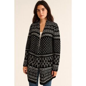Talbots Cardigan Sweater Size XS Nordic Fair Isle Cotton Blend Open Front Black